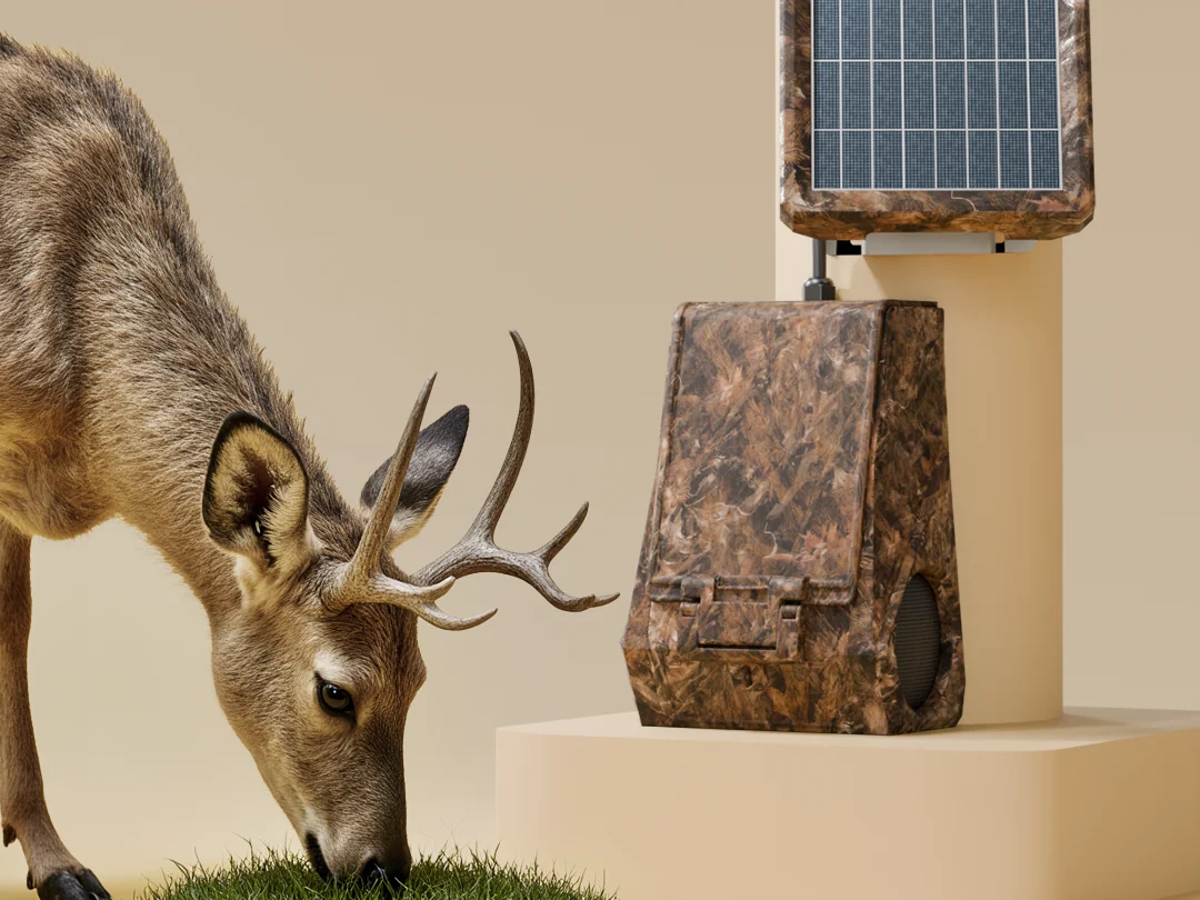 Altavoz solar para fauna junto a un venado en un entorno exterior